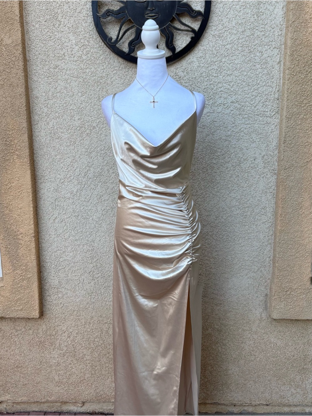 Popular 21 Champagne Gold Satin Cowl Neck Ruched Maxi Dress Side Slit Formal